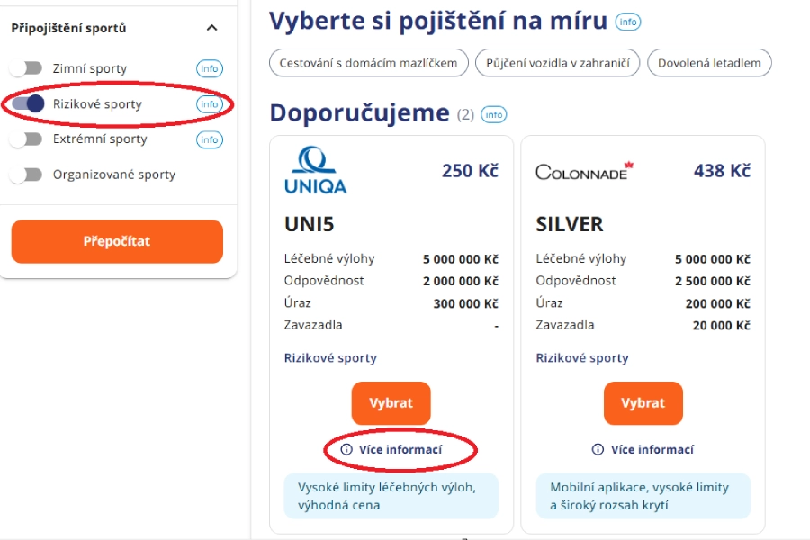 cestovn pojitn rizikov sporty