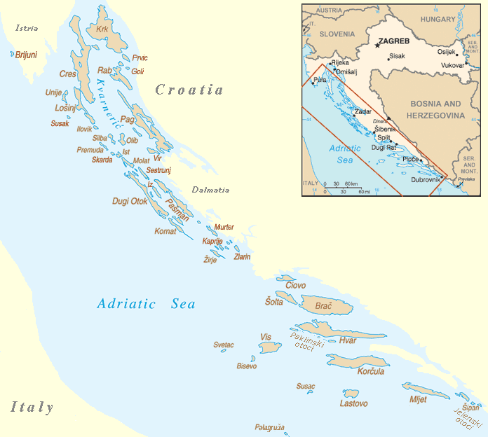 Mapa chorvatských ostrovů
