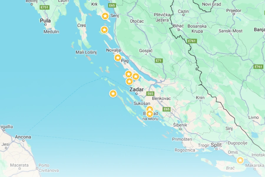 Mapa písečných pláží Chorvatsko